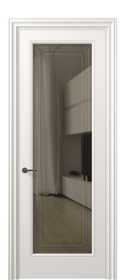 Межкомнатная дверь Маскот 8400 Матовый пудровый белый Прозрачное бронзовое стекло с гравировкой "Грани", триплекс Цена 66824 ₽ | Volhovec