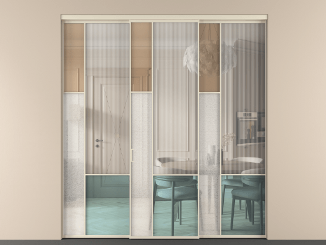 Перегородка Mosaic внутри проёма трёхстворчатая АЛПР 041.13 Алюминий бежево-серый Комбинация стекол Группы 1 и Группы 3 Цена 321810 ₽ | Volhovec