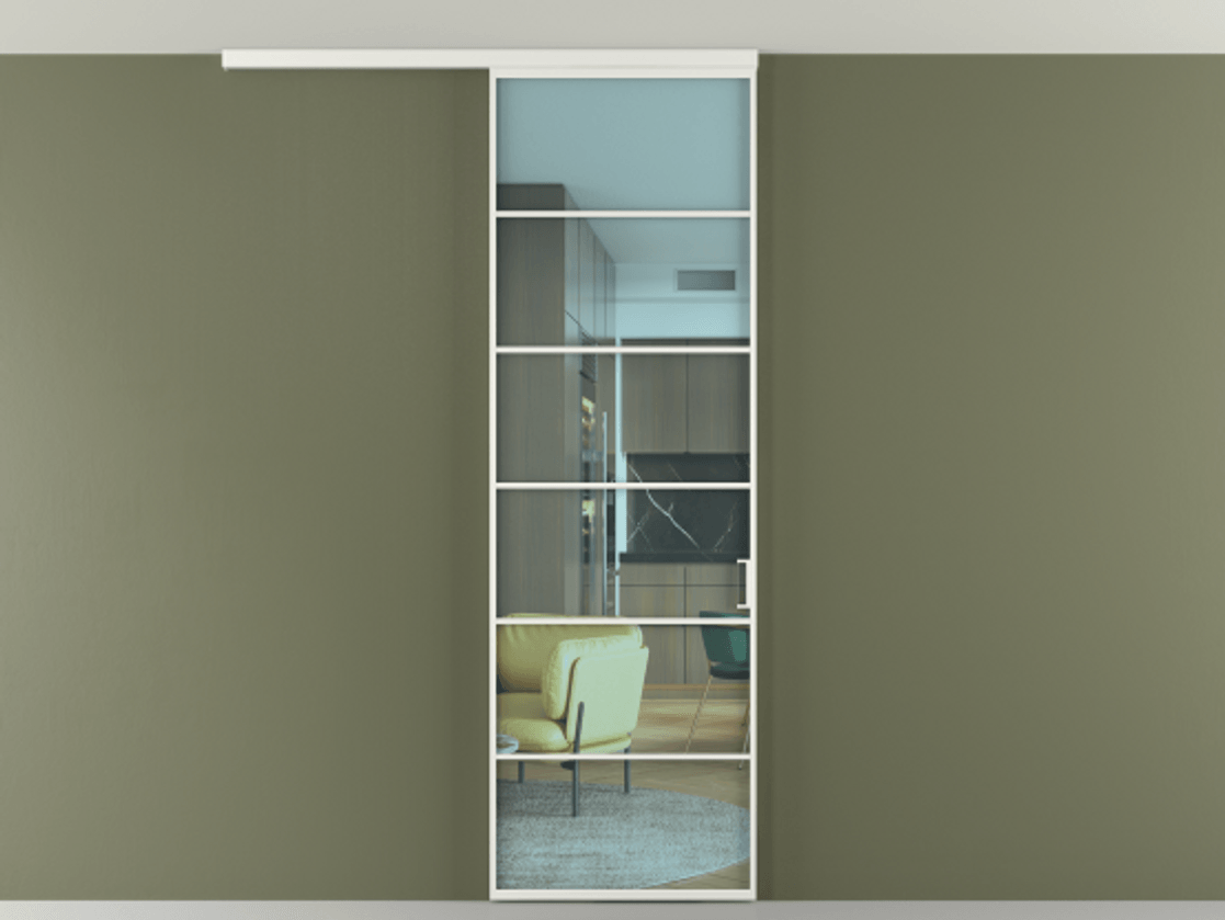 Межкомнатная дверь New Перегородка Formato вдоль стены на потолок одностворчатая АЛПР 040.04 Алюминий светло-серый Прозрачное голубое стекло, триплекс Цена 118920  | Volhovec