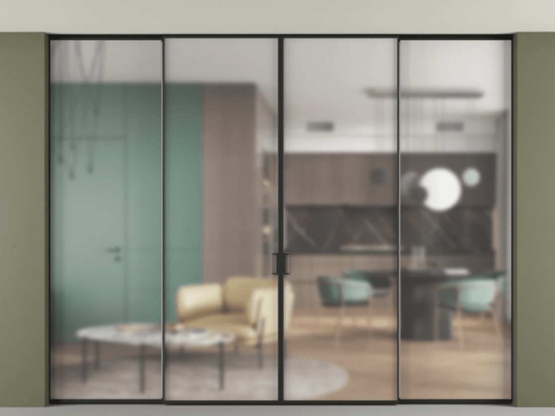 Перегородка Формато внутри проёма скрытое крепление в потолок 4 створки АЛПР 040.01 Алюминий Черный Сатинированное стекло "Мателюкс Кристал Вижн", калёное, матовое, каленое 6 мм. Скрытый короб ЧЕР Цена 516420 ₽ 1. Полотно 4 шт. (800/2100 мм)
2. Комплект установки раздвижной системы
3. Базовый комплект фурнитуры
4.Ручка Рондо. Фабрика дверей Волховец 8 (800) 551 43 19 Перегородка Формато внутри проёма скрытое крепление в потолок 4 створки АЛПР 040.01 Алюминий Черный Сатинированное стекло "Мателюкс Кристал Вижн", калёное, матовое, каленое 6 мм Цена 516420 ₽ | Volhovec