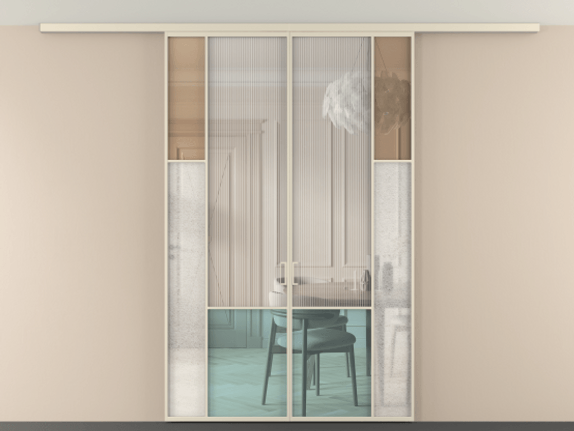 Перегородка Mosaic вдоль стены на потолок двустворчатая АЛПР 041.12 Алюминий бежево-серый Комбинация стекол Группы 1 и Группы 3 Цена 247920 ₽ | Volhovec