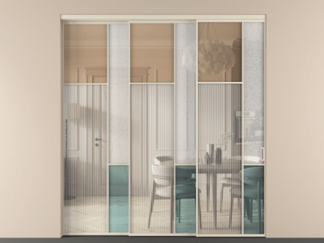 Перегородка Mosaic внутри проёма 3 створки с синхронным механизмом АЛПР 041.10 Алюминий бежево-серый Комбинация стекол Группы 1 и Группы 3 Цена 455390 ₽ | Volhovec