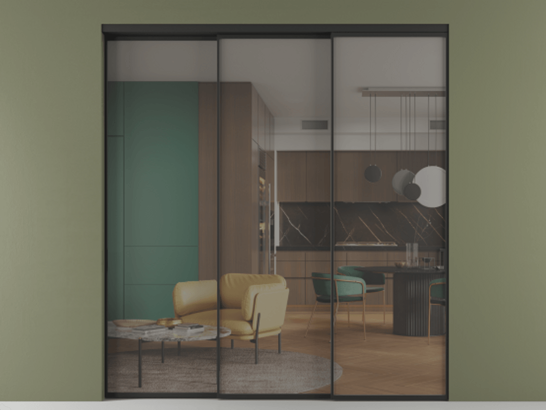 Перегородка Formato внутри проёма 3 створки с синхронным механизмом АЛПР 040.01 Алюминий Черный Прозрачное серое стекло, триплекс Цена 373700 ₽  | Volhovec