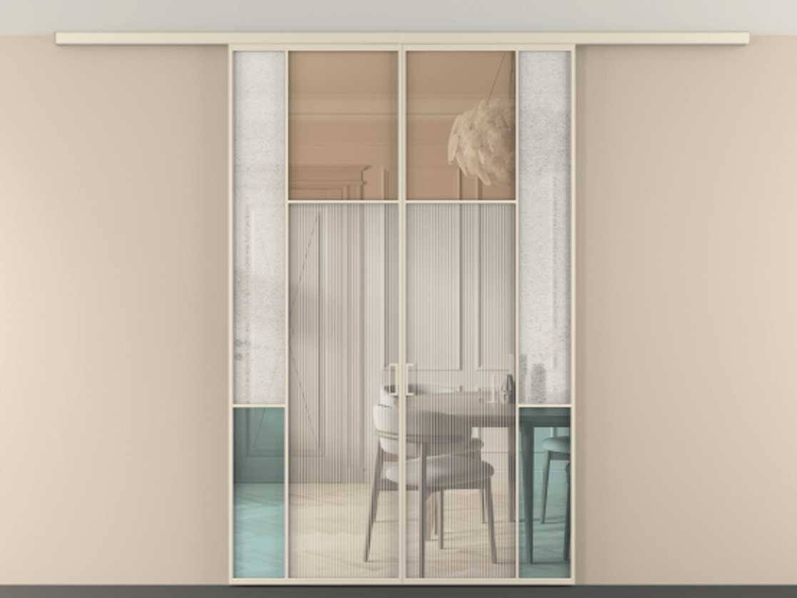 Перегородка Mosaic вдоль стены на потолок двустворчатая АЛПР 041.10 Алюминий бежево-серый Комбинация стекол Группы 1 и Группы 3 Цена 247920 ₽ | Volhovec