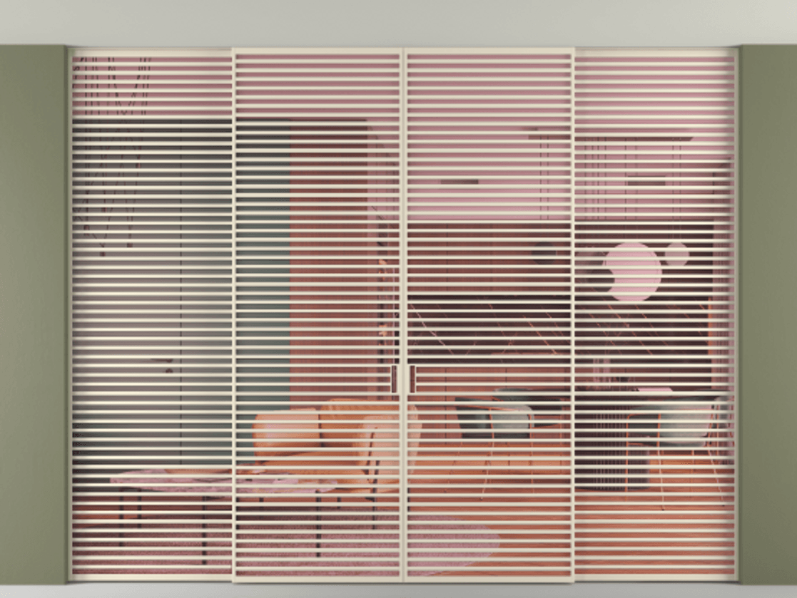 Межкомнатная дверь New Перегородка Formato внутри проёма четырёхстворчатая АЛПР 040.07 Алюминий бежево-серый Прозрачное розовое стекло, триплекс Цена 899680  | Volhovec