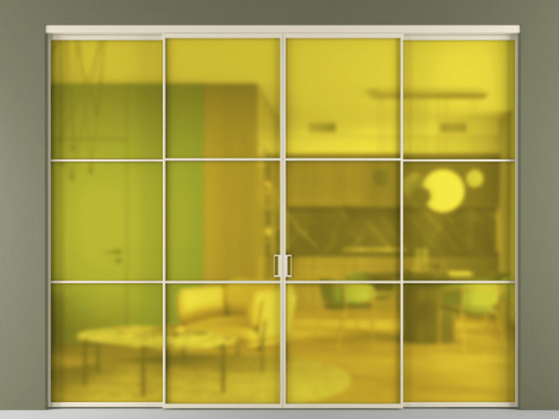 Межкомнатная дверь New Перегородка Formato внутри проёма четырёхстворчатая со скрытым креплением в потолок АЛПР 040.03 Алюминий бежево-серый Сатинированное жёлтое стекло, триплекс Цена 374300  | Volhovec