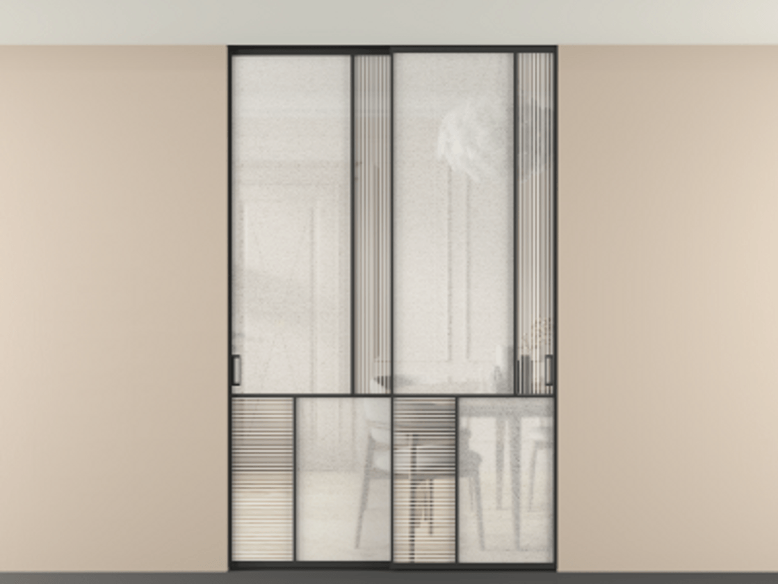 Перегородка Mosaic внутри проёма скрытое крепление в потолок 2 створки АЛПР 041.21 Алюминий Черный Рифлёное стекло "Дюна", триплекс, 6 мм + Фактурное стекло "Лёд", триплекс Цена 331020 ₽ | Volhovec