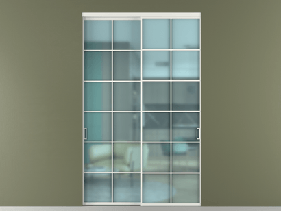 Алюминевая перегородка vn2_05_ Алюминий светло-серый Сатинированное голубое стекло, триплекс, 6мм. Цвет Алюминий светло-серый. Материал Алюминий в эмали. Коллекция Перегородка Formato внутри проёма двустворчатая. Картинка.