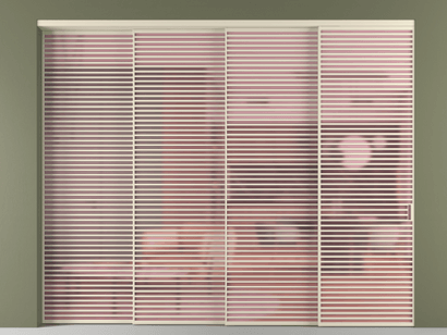 Алюминевая перегородка vn4_07_ Алюминий бежево-серый Сатинированное розовое стекло, триплекс, 6мм. Цвет Алюминий бежево-серый. Материал Алюминий в эмали. Коллекция Перегородка Formato внутри проёма телескопик синхро 3. Картинка.