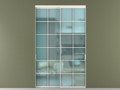 Алюминевая перегородка vn2_05_ Алюминий пудровый белый Сатинированное голубое стекло, триплекс, 6мм. Цвет Алюминий пудровый белый. Материал Алюминий в эмали. Коллекция Перегородка Formato внутри проёма двустворчатая. Картинка.