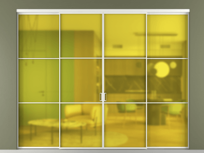 Алюминевая перегородка vn2+2_03_ Алюминий светло-серый Сатинированное жёлтое стекло, триплекс, 6мм. Цвет Алюминий светло-серый. Материал Алюминий в эмали. Коллекция Перегородка Formato внутри проёма четырёхстворчатая. Картинка.