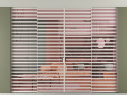 Алюминевая перегородка vn2+2_07 Алюминий тёплый серый Прозрачное розовое стекло, триплекс, 6мм. Цвет Алюминий тёплый серый. Материал Алюминий в эмали. Коллекция Перегородка Formato внутри проёма четырёхстворчатая со скрытым креплением в потолок. Картинка.