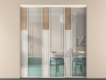 Алюминевая перегородка vn3_6 Алюминий пудровый белый Четыре стекла. Цвет Алюминий пудровый белый. Материал Алюминий в эмали. Коллекция Перегородка Mosaic внутри проёма трёхстворчатая. Картинка.