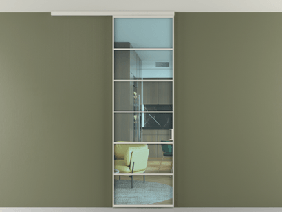 Алюминевая перегородка vd1_04 Алюминий тёплый серый Прозрачное голубое стекло, триплекс, 6мм. Цвет Алюминий тёплый серый. Материал Алюминий в эмали. Коллекция Перегородка Formato вдоль стены на потолок одностворчатая. Картинка.