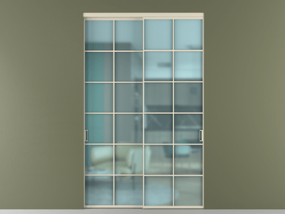 Алюминевая перегородка vn2_05_ Алюминий бежево-серый Сатинированное голубое стекло, триплекс, 6мм. Цвет Алюминий бежево-серый. Материал Алюминий в эмали. Коллекция Перегородка Formato внутри проёма двустворчатая. Картинка.