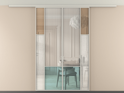 Алюминевая перегородка vdp2_6 Алюминий тёплый серый Четыре стекла. Цвет Алюминий тёплый серый. Материал Алюминий в эмали. Коллекция Перегородка Mosaic вдоль стены на потолок двустворчатая. Картинка.