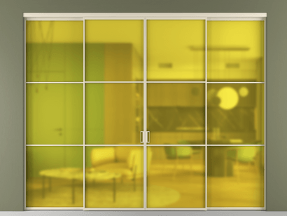 Алюминевая перегородка vn2+2_03_ Алюминий бежево-серый Сатинированное жёлтое стекло, триплекс, 6мм. Цвет Алюминий бежево-серый. Материал Алюминий в эмали. Коллекция Перегородка Formato внутри проёма четырёхстворчатая. Картинка.