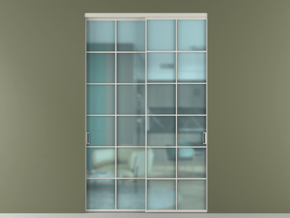 Алюминевая перегородка vn2_05_ Алюминий тёплый серый Сатинированное голубое стекло, триплекс, 6мм. Цвет Алюминий тёплый серый. Материал Алюминий в эмали. Коллекция Перегородка Formato внутри проёма двустворчатая. Картинка.