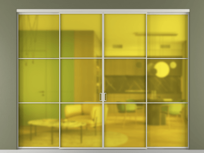 Алюминевая перегородка vn2+2_03_ Алюминий тёплый серый Сатинированное жёлтое стекло, триплекс, 6мм. Цвет Алюминий тёплый серый. Материал Алюминий в эмали. Коллекция Перегородка Formato внутри проёма четырёхстворчатая. Картинка.