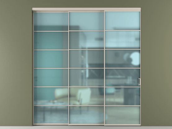 Алюминевая перегородка АЛПР 040.04_АСБЖ_САТ ГОЛ_new. Цвет Алюминий светло-бежевый. Материал Алюминий в эмали. Коллекция Перегородка Формато внутри проёма 3 створки с синхронным механизмом. Картинка.