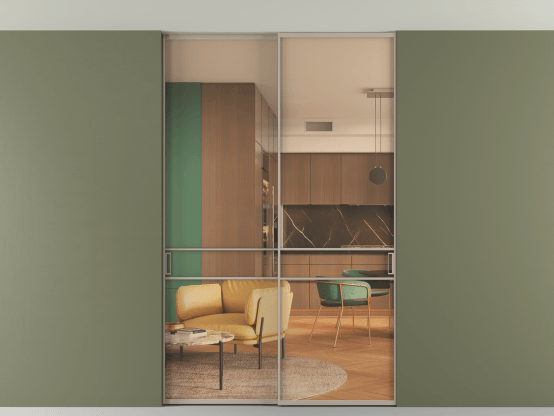 Алюминевая перегородка АЛПР 040.02_АБСК_ПРОЗ ОРАНЖ_new. Цвет Алюминий бисквитный. Материал Алюминий в эмали. Коллекция Перегородка Формато внутри проёма скрытое крепление в потолок 2 створки. Картинка.