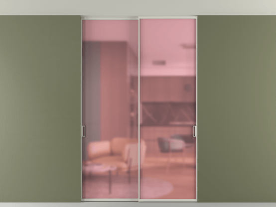 Алюминевая перегородка vn2_01 Алюминий тёплый серый Сатинированное розовое стекло, триплекс, 6мм. Цвет Алюминий тёплый серый. Материал Алюминий в эмали. Коллекция Перегородка Formato внутри проёма скрытое крепление в потолок 2 створки. Картинка.