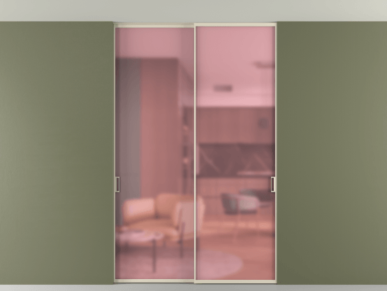 Алюминевая перегородка vn2_01 Алюминий бежево-серый Сатинированное розовое стекло, триплекс, 6мм. Цвет Алюминий бежево-серый. Материал Алюминий в эмали. Коллекция Перегородка Formato внутри проёма скрытое крепление в потолок 2 створки. Картинка.