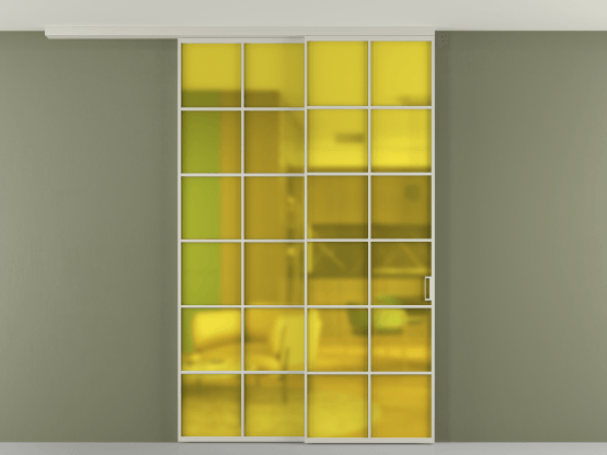 Алюминевая перегородка pv2_2_05_ Алюминий тёплый серый Сатинированное жёлтое стекло, триплекс, 6мм. Цвет Алюминий тёплый серый. Материал Алюминий в эмали. Коллекция Перегородка Formato вдоль стены на потолок 2 створки с синхронным механизмом. Картинка.