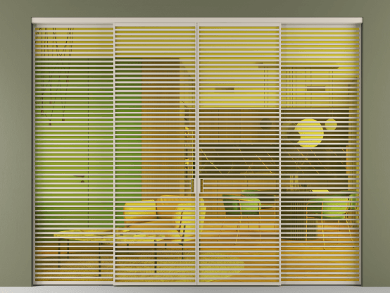 Алюминевая перегородка АЛПР 040.07_АСБЖ_ПРОЗ ЖЕЛ_new. Цвет Алюминий светло-бежевый. Материал Алюминий в эмали. Коллекция Перегородка Формато внутри проёма 4 створки. Картинка.