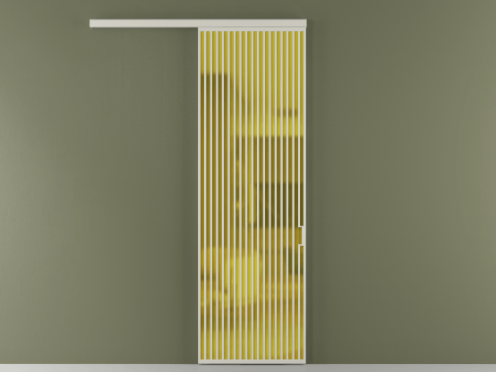 Алюминевая перегородка vd1_06_ Алюминий тёплый серый Сатинированное жёлтое стекло, триплекс, 6мм. Цвет Алюминий тёплый серый. Материал Алюминий в эмали. Коллекция Перегородка Formato вдоль стены 1 створка. Картинка.