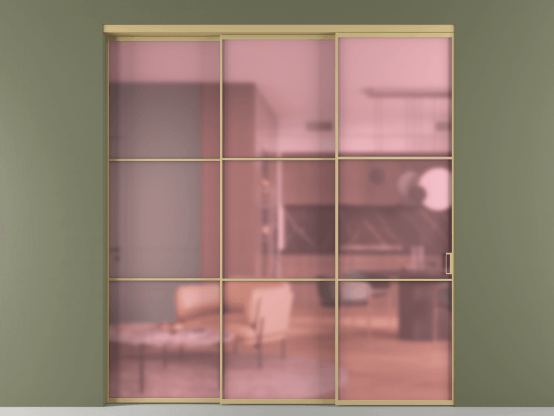 Алюминевая перегородка АЛПР 040.03 ЗОЛ Золотой САТ РОЗ. Цвет Золотой. Материал Алюминий металлик. Коллекция Перегородка Формато внутри проёма 3 створки с синхронным механизмом. Картинка.