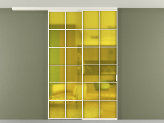 Алюминевая перегородка pv2_2_05_ Алюминий пудровый белый Сатинированное жёлтое стекло, триплекс, 6мм. Цвет Алюминий пудровый белый. Материал Алюминий в эмали. Коллекция Перегородка Formato вдоль стены на потолок 2 створки с синхронным механизмом. Картинка.