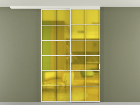 Алюминевая перегородка pv2_2_05_ Алюминий светло-серый Сатинированное жёлтое стекло, триплекс, 6мм. Цвет Алюминий светло-серый. Материал Алюминий в эмали. Коллекция Перегородка Formato вдоль стены на потолок 2 створки с синхронным механизмом. Картинка.