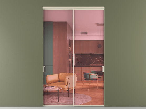 Алюминевая перегородка vn2_01_ Алюминий бежево-серый Прозрачное розовое стекло, триплекс, 6мм. Цвет Алюминий бежево-серый. Материал Алюминий в эмали. Коллекция Перегородка Формато внутри проёма 2 створки. Картинка.