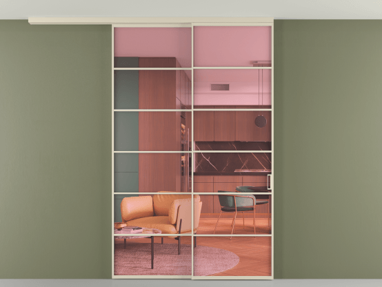 Алюминевая перегородка pv2_2_04_ Алюминий бежево-серый Прозрачное розовое стекло, триплекс, 6мм. Цвет Алюминий бежево-серый. Материал Алюминий в эмали. Коллекция Перегородка Formato вдоль стены на потолок 2 створки с синхронным механизмом. Картинка.