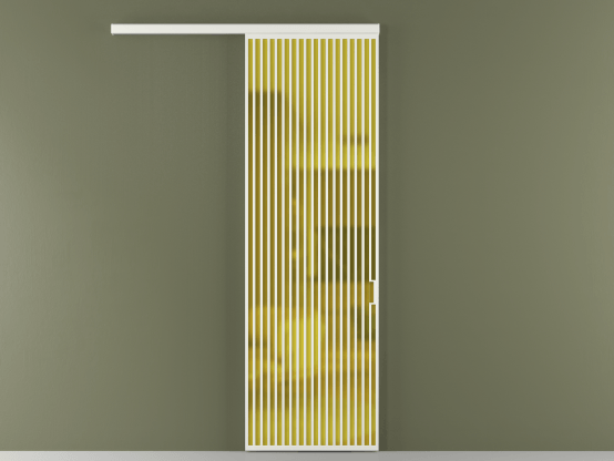 Алюминевая перегородка vd1_06_ Алюминий светло-серый Сатинированное жёлтое стекло, триплекс, 6мм. Цвет Алюминий светло-серый. Материал Алюминий в эмали. Коллекция Перегородка Formato вдоль стены 1 створка. Картинка.