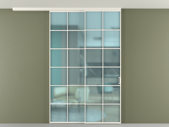 Алюминевая перегородка pv2_2_05_ Алюминий пудровый белый Сатинированное голубое стекло, триплекс, 6мм. Цвет Алюминий пудровый белый. Материал Алюминий в эмали. Коллекция Перегородка Formato вдоль стены на потолок 2 створки с синхронным механизмом. Картинка.