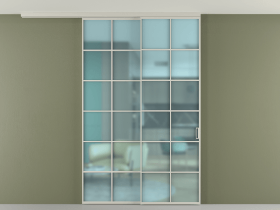 Алюминевая перегородка pv2_2_05_ Алюминий тёплый серый Сатинированное голубое стекло, триплекс, 6мм. Цвет Алюминий тёплый серый. Материал Алюминий в эмали. Коллекция Перегородка Formato вдоль стены на потолок 2 створки с синхронным механизмом. Картинка.