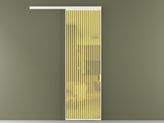 Алюминевая перегородка vd1_06_ Алюминий пудровый белый Сатинированное жёлтое стекло, триплекс, 6мм. Цвет Алюминий пудровый белый. Материал Алюминий в эмали. Коллекция Перегородка Formato вдоль стены 1 створка. Картинка.